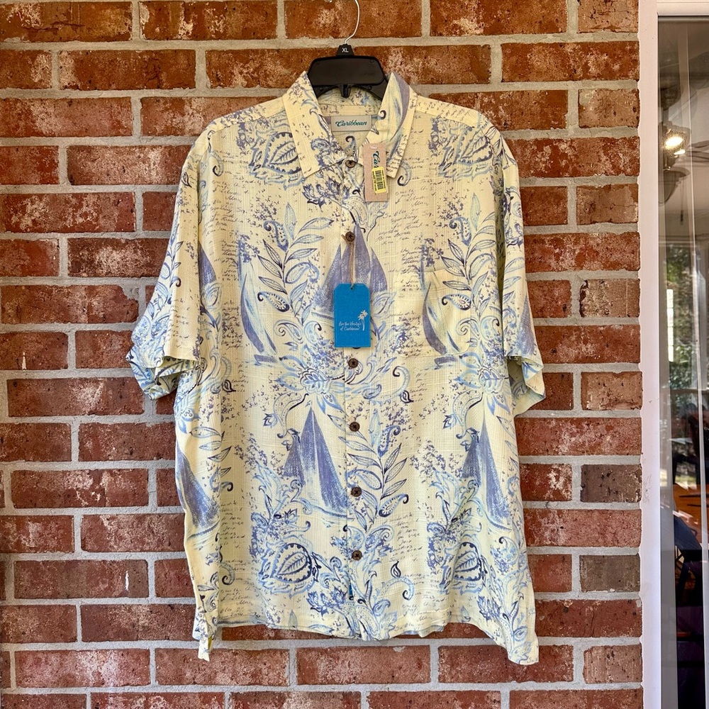 NWT Caribbean Hawaiian Shirt Men XL Pale Yellow w Blue Button Up Floral Washable